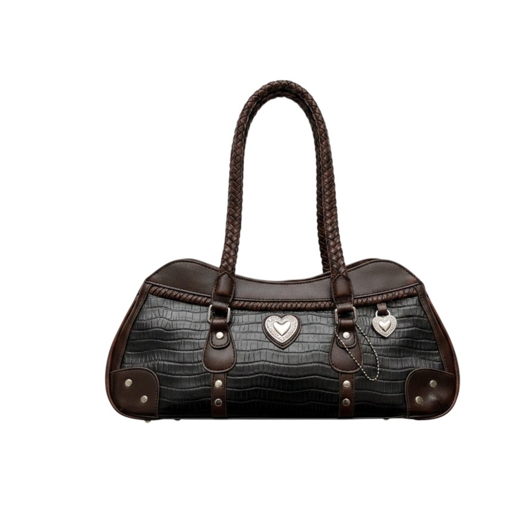 Vintage y2k Brown Black Croc Heart Charm Braided Strap Shoulder Bag Y2K